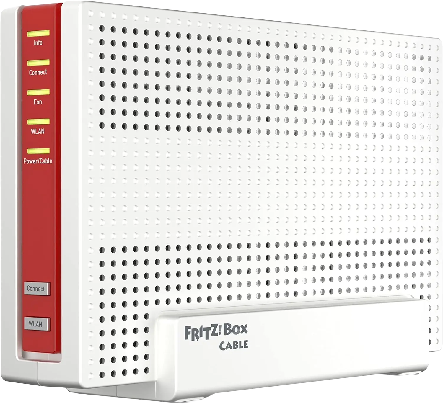 FRITZ!Box 6690 Cable in weiß-rotem, aufrecht stehendem Gehäuse mit fünf Status-LEDs