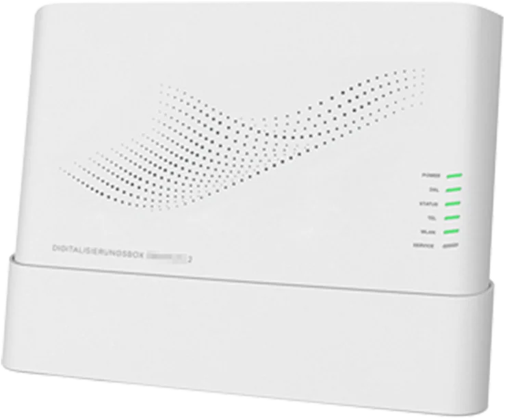 Telekom Digitalisierungsbox Smart 2 im senkrechten Tischstand mit Statusanzeigen und seitlichen WLAN- und WPS-Tasten