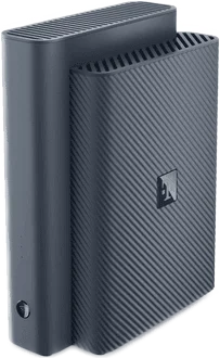Atlantic-blauer Telekom Speedport 7 mit drei vertikalen Statusleuchtpunkten und beleuchteter WLAN-Taste an der Vorderseite