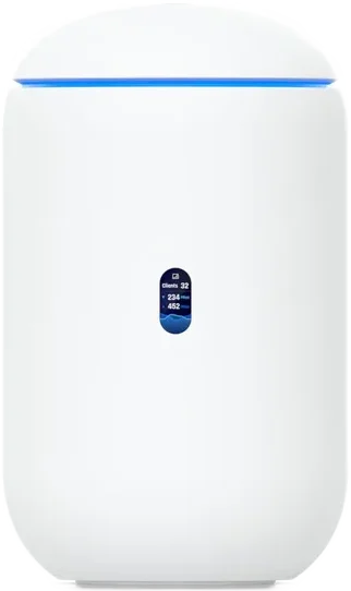 Ubiquiti UniFi Dream Router 7 mit zylindrischem Desktop-Gehäuse und Statusdisplay