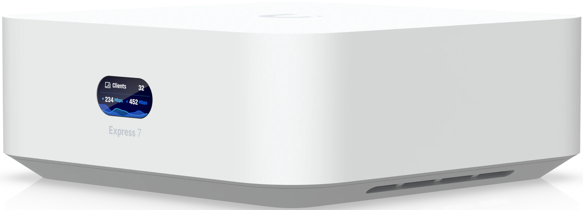 Ubiquiti UniFi Express 7 mit kompaktem quadratischem Desktop-Gehäuse und Statusdisplay